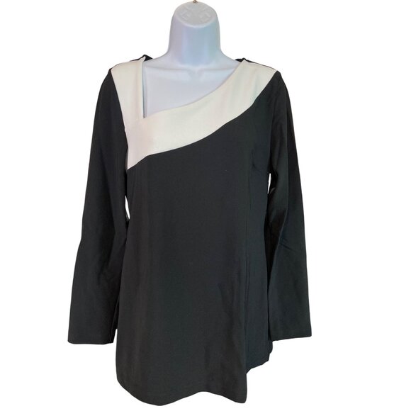 Boston Proper Colorblock Tunic Top M Black White Asymmetrical Neck Modern Chic - Picture 2 of 9